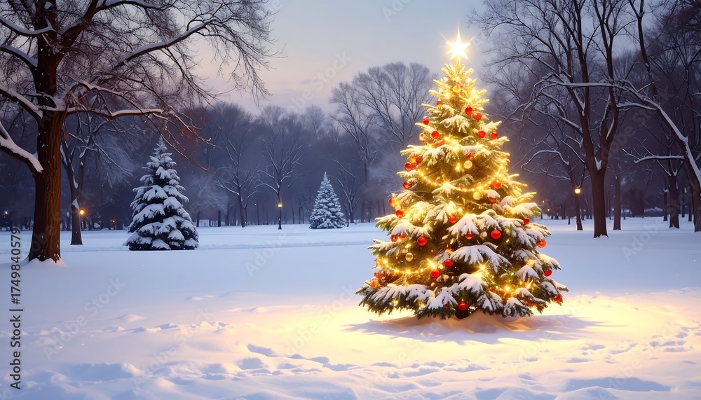 Obraz premium Snowy Christmas Tree in Park.