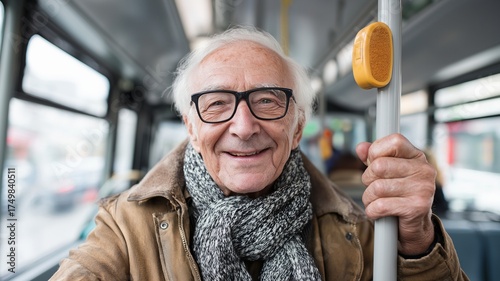 Elderly passenger smiles at the camera while gripping the handle of a public bus.