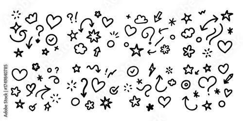 Collection of hand drawn doodle elements including hearts stars arrows and question marks