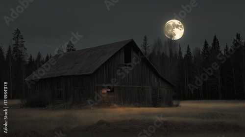 A field with a full moon illuminates a spooky old barn at night.