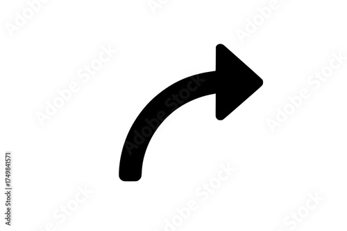 Black curved arrow icon pointing right for digital design
