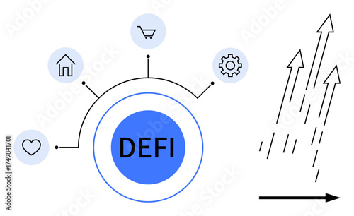 Circular center labeled DEFI connected to heart, house, cart, and gear icons. Rightward arrows symbolize growth and progress. Ideal for finance, decentralization, innovation, fintech economy