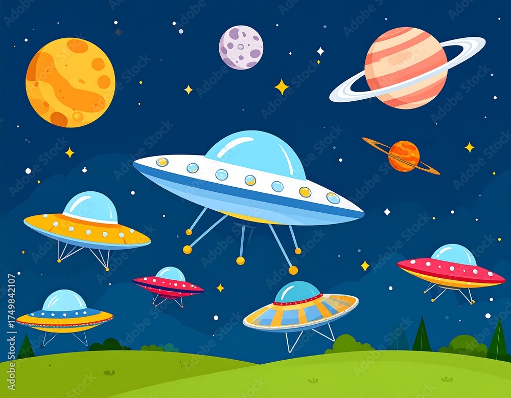 Naklejka premium Cartoon space scene with UFOs