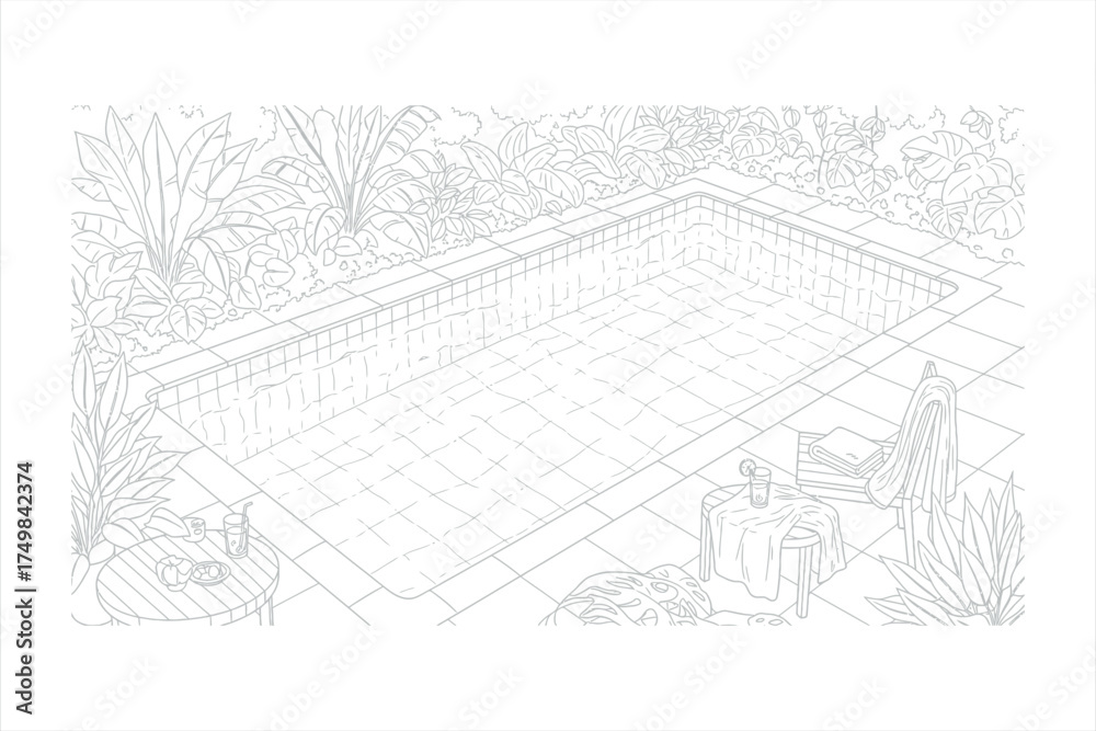 Fototapeta premium Outdoor swimming pool area with lush green plants and seating garden greenery
