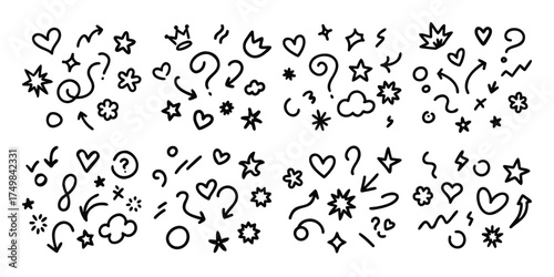 Collection of hand drawn doodle elements including hearts stars arrows clouds and swirls