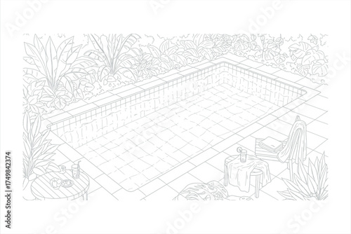Outdoor swimming pool area with lush green plants and seating garden greenery