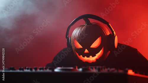 Pumpkin head DJ is playing spooky tunes for a Halloween party. Dark smoky background. Music mixer controller is in the foreground. Costume, event.