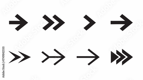 Collection of eight distinct black arrow symbols pointing right on a white background in a vector image | editable eps vectors silhouette