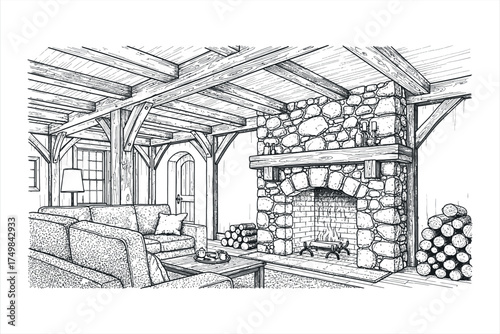 Rustic living room with stone fireplace and wooden beams vector