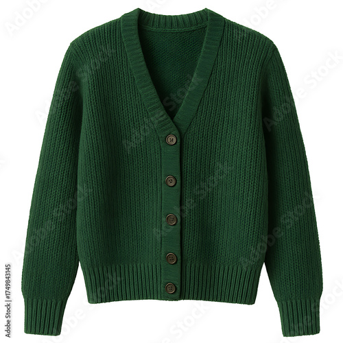 Green buttoned cardigan sweater front view isolated on transparent background