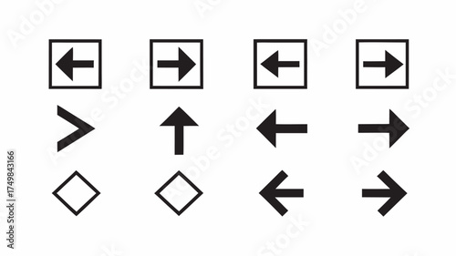 Illustration of various black arrow symbols pointing in different directions and geometric shapes on white background | editable eps vectors silhouette