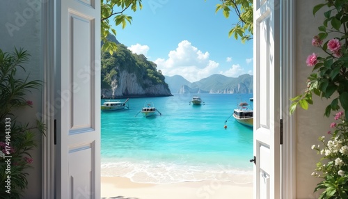Open doorway reveals bright sea with boats near rocky cliffs. White sand beach borders clear turquoise water and green trees. Sunny sky with fluffy clouds above ocean expanse.