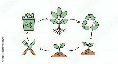 Illustration of the composting cycle plant, food waste, recycling symbol, and seedling growth