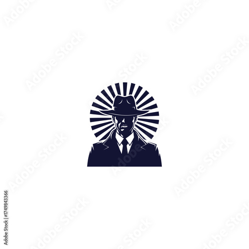 Silhouette of a man in a fedora and suit with sunburst background in dark blue