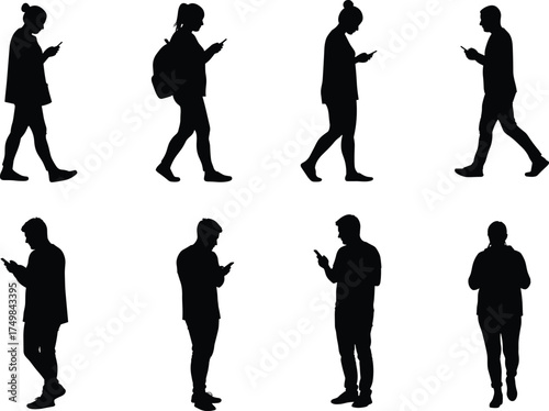 Silhouettes, people, walking, smartphones, mobile, addiction, technology, urban, lifestyle, distracted, crowd, digital, screen, time, modern, society, phone, usage, behavior, dependence