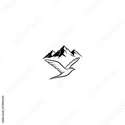 Bird soars before mountain peaks, in black and white, minimalist graphic design