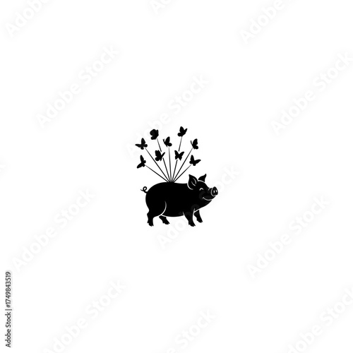 Smiling black silhouette of a pig with many butterflies sticking from its back