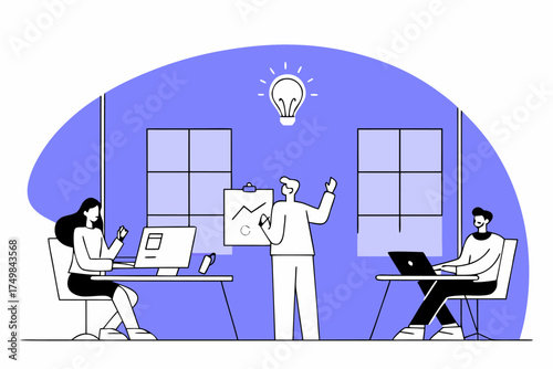 Collaborative Workspace Illustration: Team Brainstorming Session with Charts, Laptop, and Lightbulb on Lavender Backdrop, Showcasing Creative Business Solutions