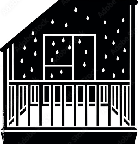 Stylized monochrome illustration of a porch during a rain shower with raindrops falling from the roof and surrounding windows, creating a peaceful and cozy ambience