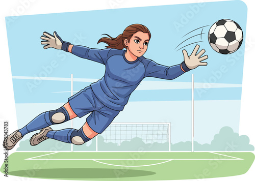  A vibrant digital drawing of a girl in blue goalkeeper uniform and gloves, making a full-stretch mid-air save against a black and white soccer ball
