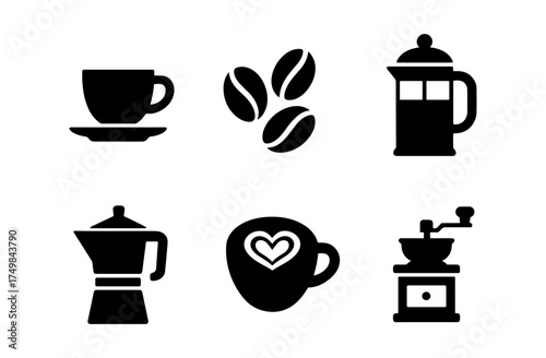 Silhouette coffee icons set with cups, beans, and brewing tools