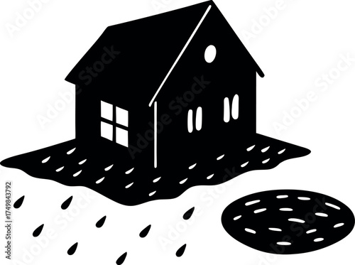 Stylized black and white illustration of a house in the rain with a textured yard and a puddle nearby conveys a simple and whimsical scene