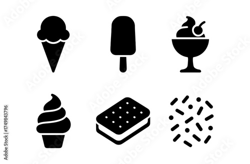 Silhouette ice cream icons: cones, popsicles, sundaes, and toppings