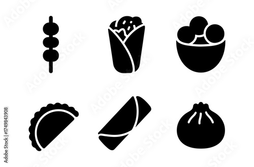 Black and white silhouette icons of popular asian street foods