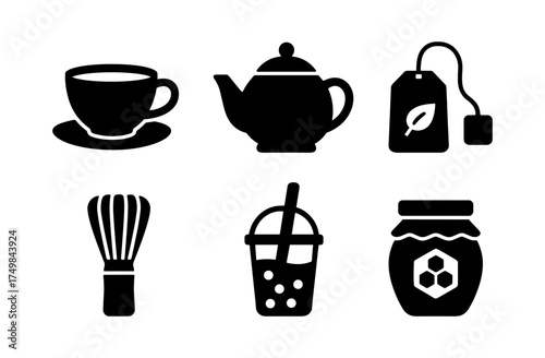 Tea time icons: cup, teapot, matcha whisk, bubble tea, honey jar silhouette set