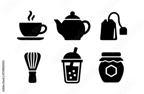 Tea and coffee icons: cup, teapot, teabag, bamboo whisk, bubble tea, jam jar collection