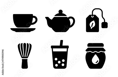 Tea icons set: cup, teapot, tea bag, whisk, bubble tea, jam jar
