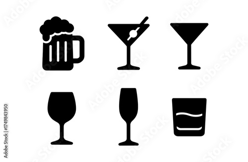 Black silhouette icons of various drink glasses for bar and cocktail themes