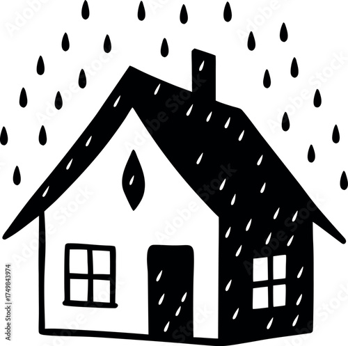 Whimsical Black and White Illustration of a House in the Rain, Hand Drawn Style, Cozy and Safe Home Concept
