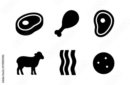 Silhouette icons of meat: steak, chicken leg, pork, lamb, bacon, and salami
