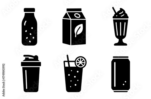 Beverage icons: milkshake, smoothie, juice, soda, and milk carton silhouettes