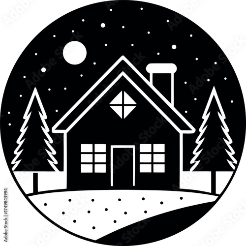 Cozy Winter Cabin Scene in Silhouette A charming monochromatic illustration of a cabin nestled among snowy hills under a starry night sky and serene moon