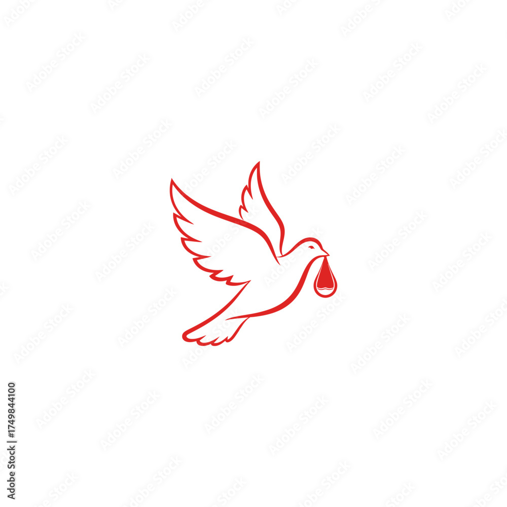 Obraz premium Red outline of a dove mid-flight carrying a small sack in its beak, on white