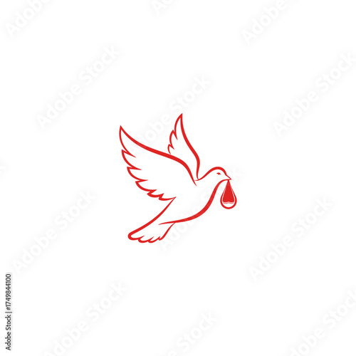Red outline of a dove mid-flight carrying a small sack in its beak, on white