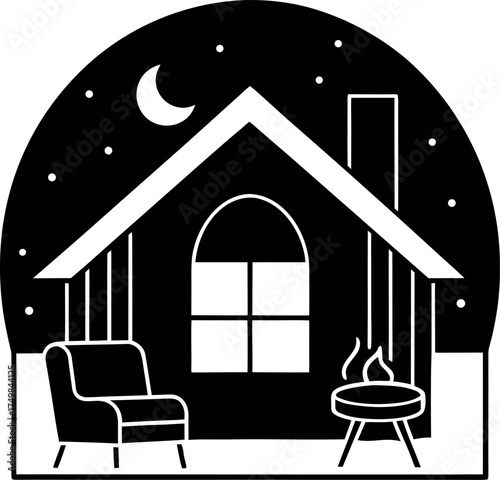 Serene Night Cabin Scene Cozy Armchair and Fire Pit under a Starry Sky Tranquil Home Illustration with Moon and Warmth Perfect for Relaxation