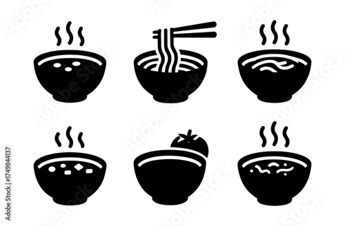 Silhouette icons of steaming ramen and soup bowls with chopsticks