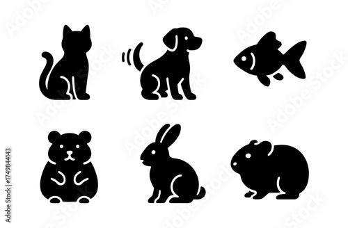 Silhouette icons of popular pets: cat, dog, fish, hamster, rabbit, guinea pig collection