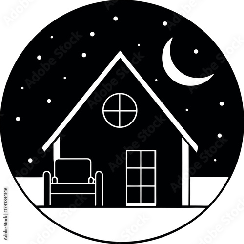 Enchanting Nighttime House Silhouette in Circular Frame with Stars and Moon Simple black and white vector graphic of a house at night