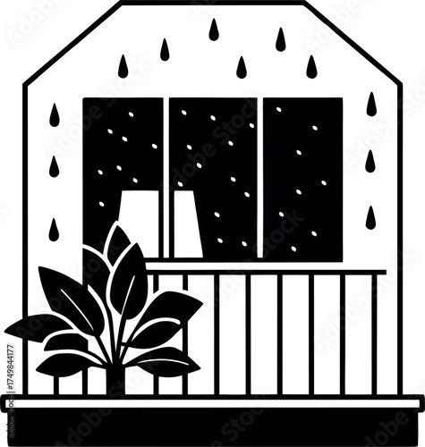 Cozy Indoor Scene A Plant On A Balcony On A Rainy Day Creating A Peaceful And Relaxing Atmosphere In Black And White