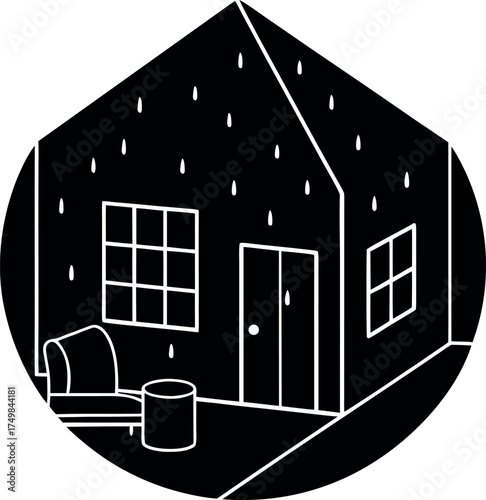 Simple Black and White Illustration of a House Interior with Rain and Furniture in an Abstract Hexagon a Modern and Minimalist Design