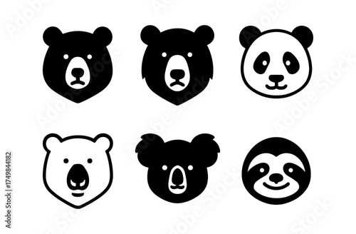 Minimalist icons of bear, koala, panda, sloth faces in black and white
