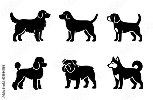 Black silhouette dog breeds collection: diverse canine silhouettes in simple style