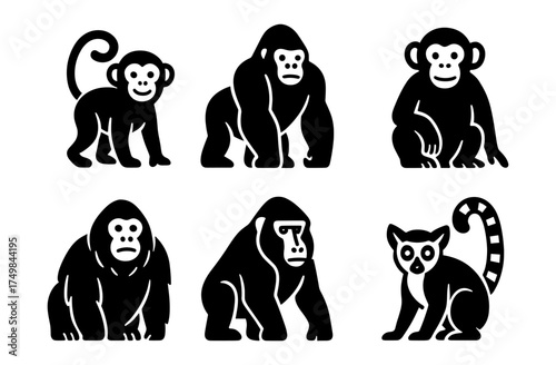 Black silhouette collection of various monkeys and lemur