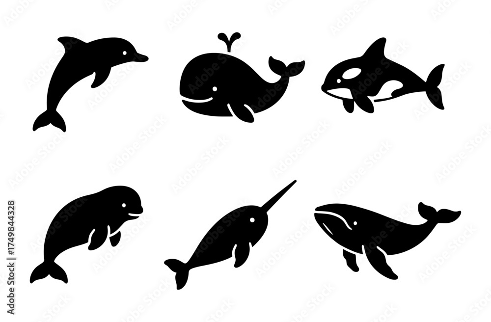 Obraz premium Silhouette marine mammals set: dolphin, whale, orca, beluga, narwhal, humpback icons