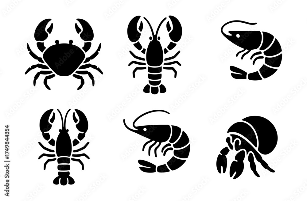 Obraz premium Silhouette collection of sea creatures featuring lobster, crab, shrimp, and hermit crab