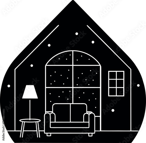 Minimalist Haven Indoor Scene Illustration Black and White Serenity Featuring Comfortable Couch Window View Lamp and Cozy Atmosphere Showcasing Simplicity and Artistic Expression